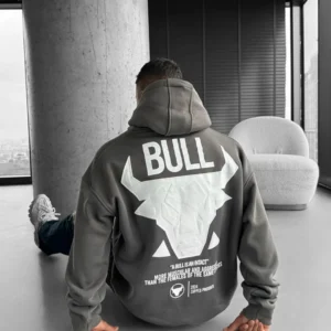 DROP SHOULDER PUFF PRINT BULL HOODIE - GRAY