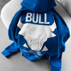 DROP SHOULDER PUFF PRINT BULL HOODIE - ROYAL BLUE