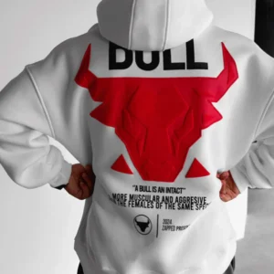 DROP SHOULDER PUFF PRINT BULL HOODIE - WHITE RED