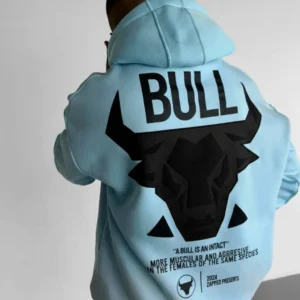 DROP SHOULDER PUFF PRINT BULL HOODIE - SKY BLUE