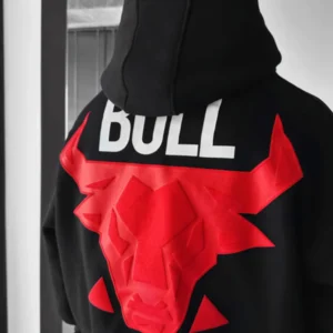 DROP SHOULDER PUFF PRINT BULL HOODIE - BLACK